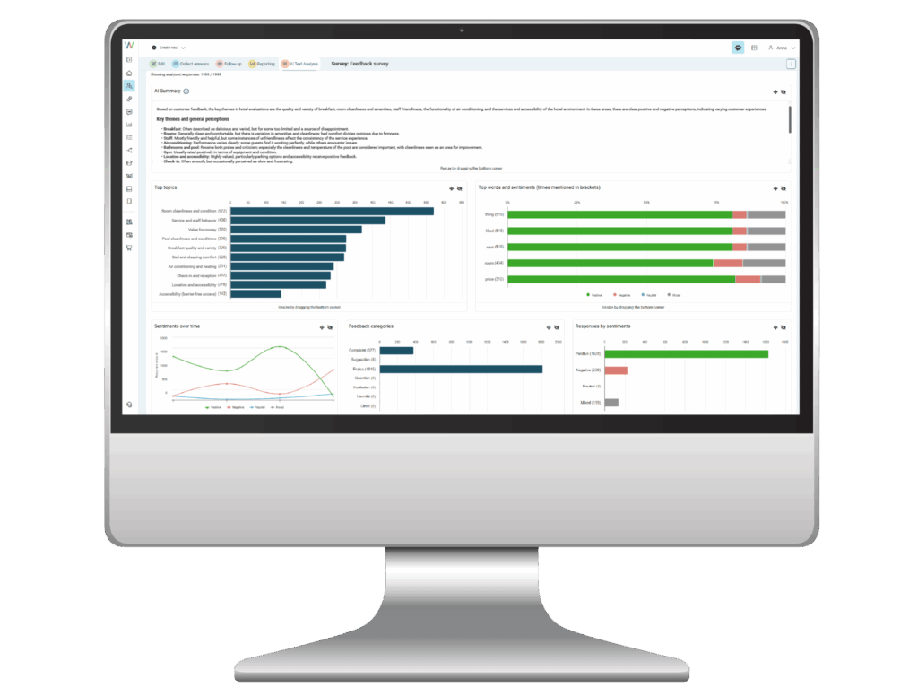 AI Text Analysis gives you instant visibility of open feedback and enables analysis through a comprehensive set of metrics.
